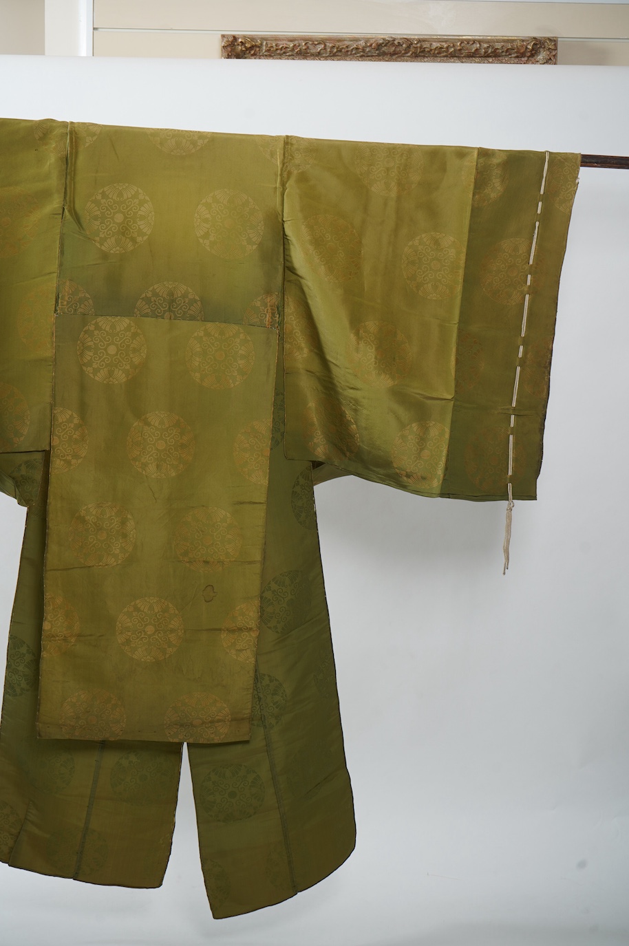 Two 1880-1920 Japanese green silk damask Kariginu, ‘hunting cloth’ robes, worn not as ‘hunting robes’ at this period, but as day wear for high ranking male Imperial Court nobles, traditionally worn with a sash at the wai